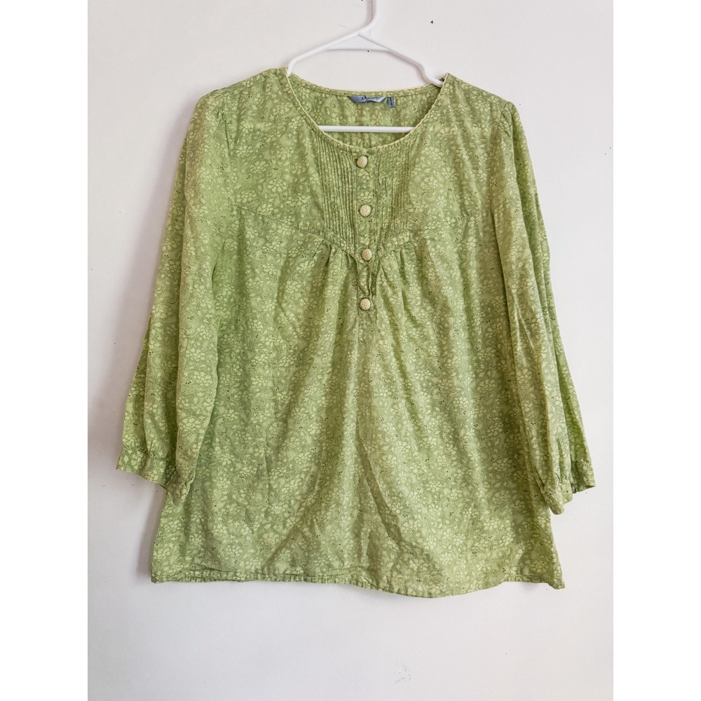 IZOD Womens Green Floral Cotton Blouse Crochet Buttons Cottagecore Whimsical M
